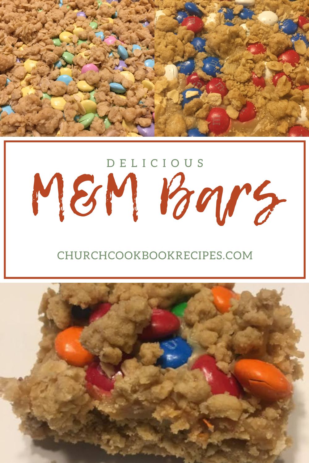 A recipe card for M&M Bars, displaying close-up images of crumbly oatmeal bars topped with colorful M&M candies, along with the recipe title and website link.