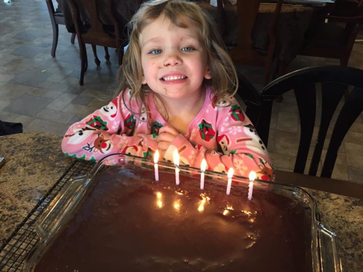 chocolate cake with birthday girl and birthday candles