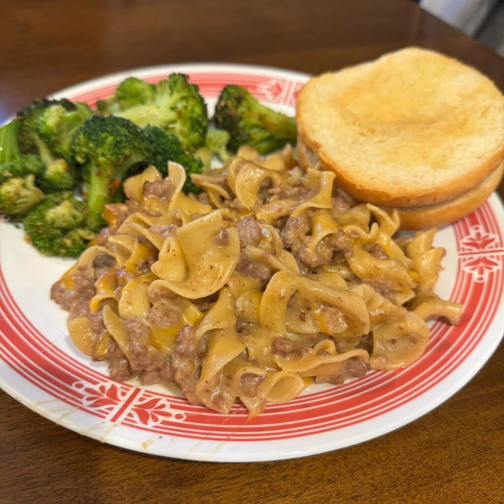 A plate of creamy beef and egg noodles, served with roasted broccoli and toasted bread on a red and white patterned plate.