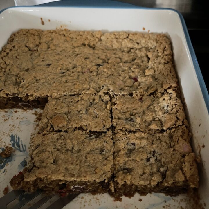 A batch of freshly baked monster cookie bars in a white and blue baking dish, cut into squares. The bars are golden brown with visible oats, chocolate chips, and colorful candy-coated chocolates.