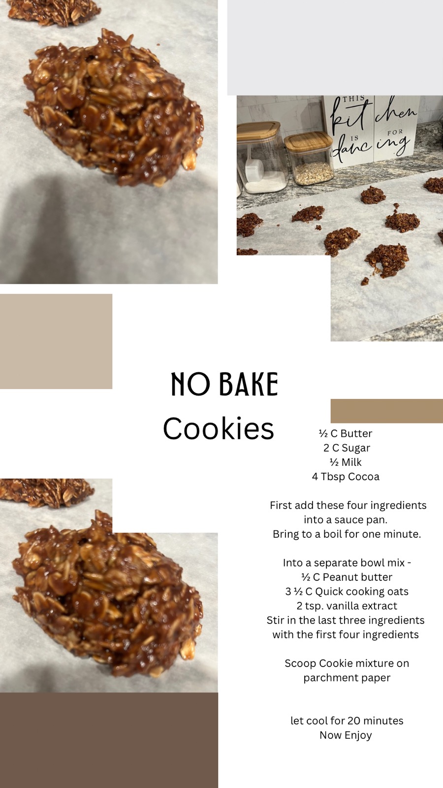 Close-up of chocolate oatmeal no-bake cookies cooling on parchment paper with step-by-step recipe instructions displayed on a clean, modern graphic layout.
